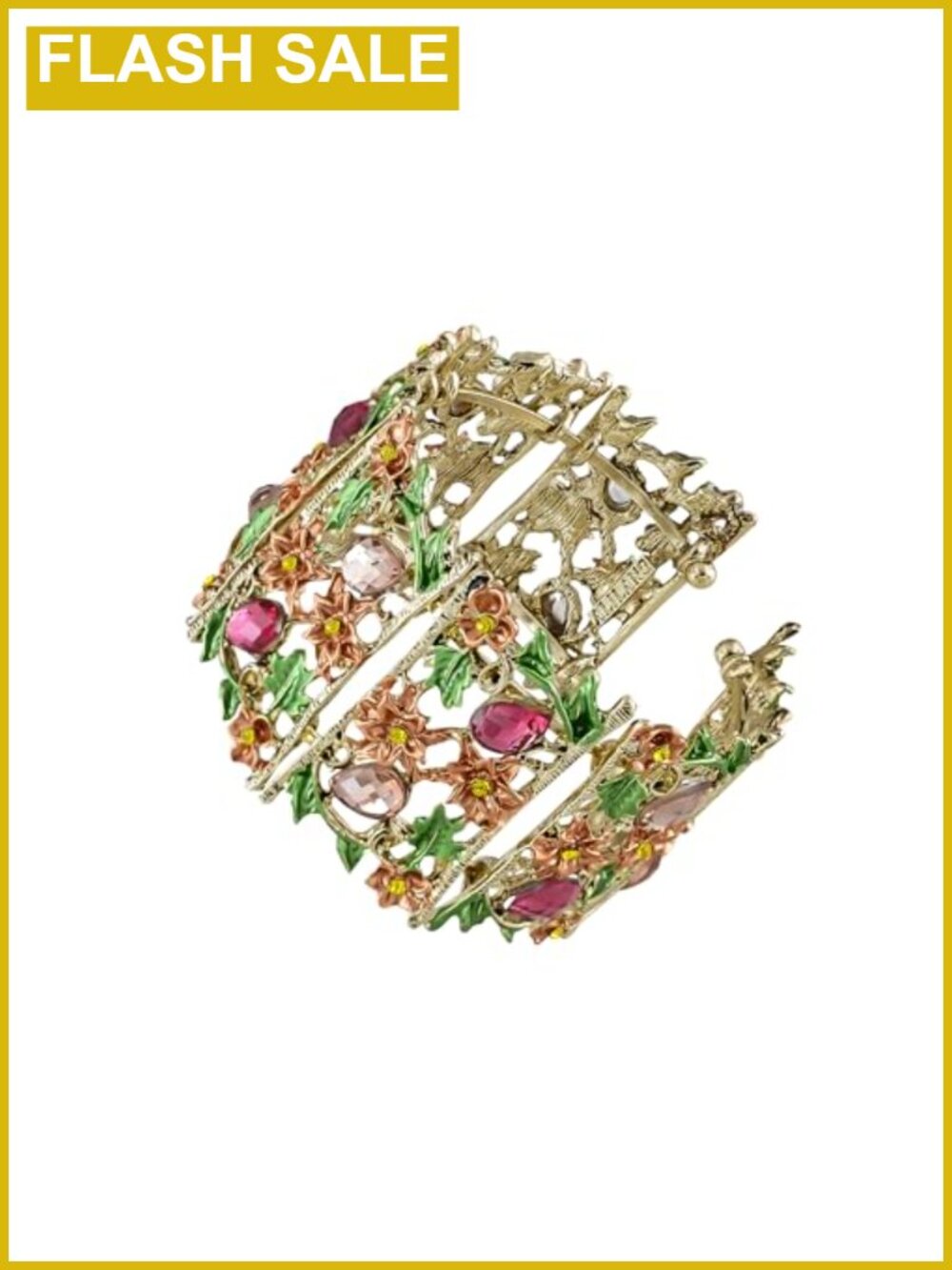 Vintage Floral Crystal Rhinestone Enamel Cuff Bracelet Bangle